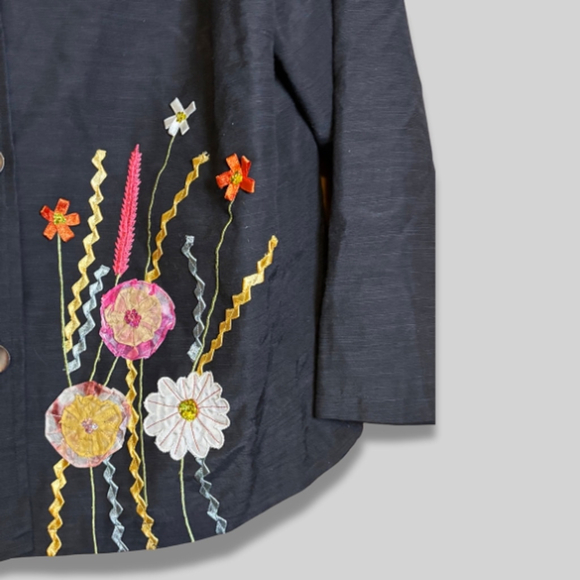 Indigo Moon Blazer Floral Appliqué Embroidery Art Button Front Multicolor W 1X - Picture 3 of 16